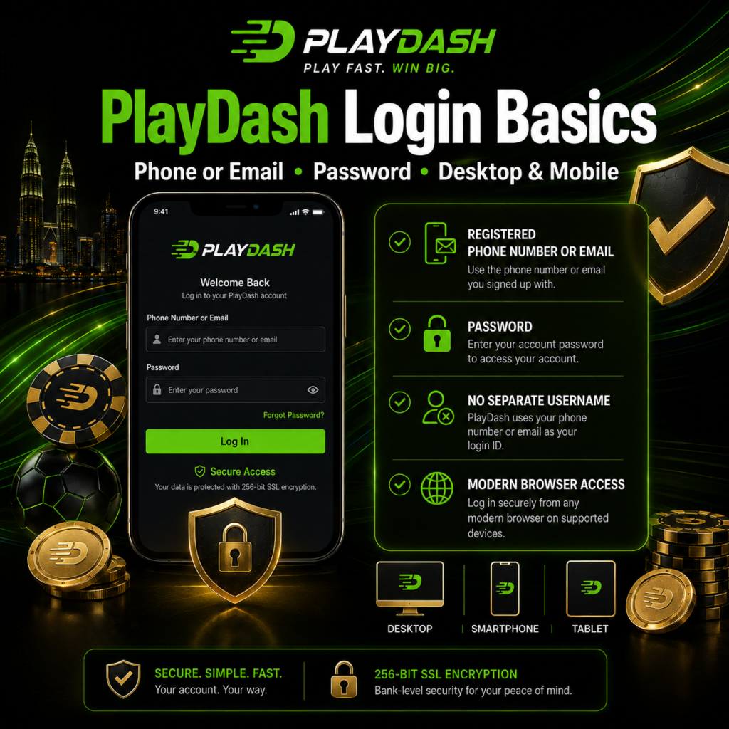 PlayDash login with phone or email and password on desktop and mobile devices