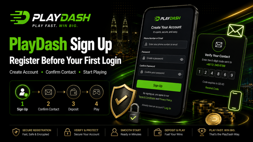 PlayDash sign up process with account registration and phone or email confirmation
