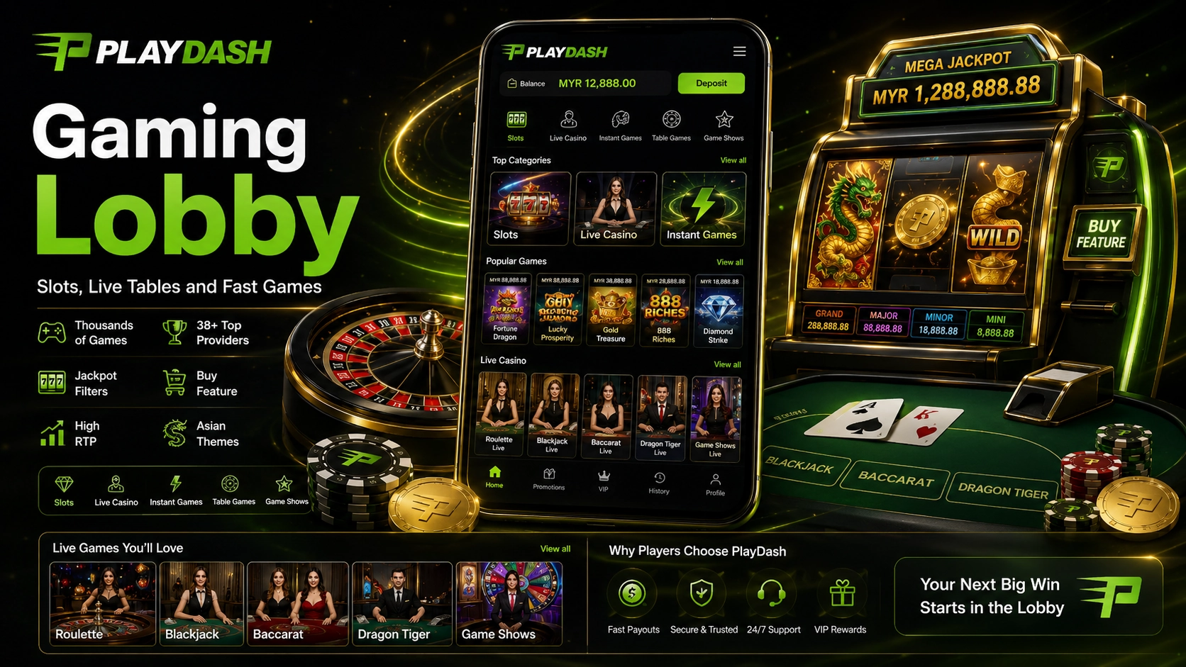 PlayDash gaming lobby with slots, live casino tables, instant games and casino game filters