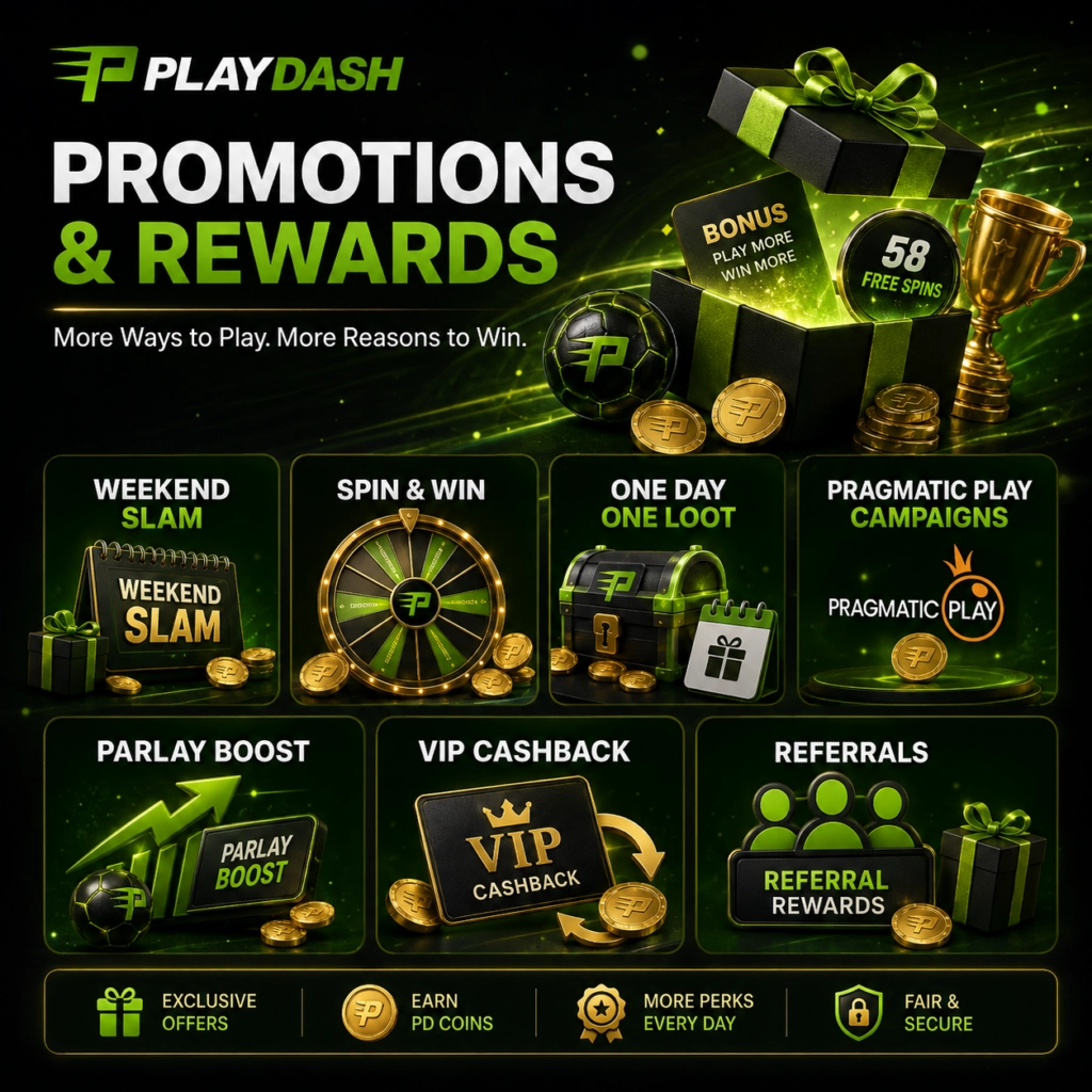 PlayDash bonuses including Weekend Slam, Spin and Win, One Day One Loot, Parlay Boost and VIP rewards