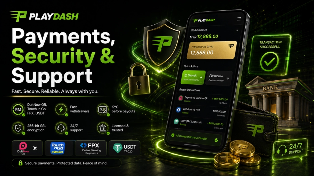 PlayDash Malaysia payments with DuitNow, Touch n Go, FPX and USDT plus KYC security and 24/7 support